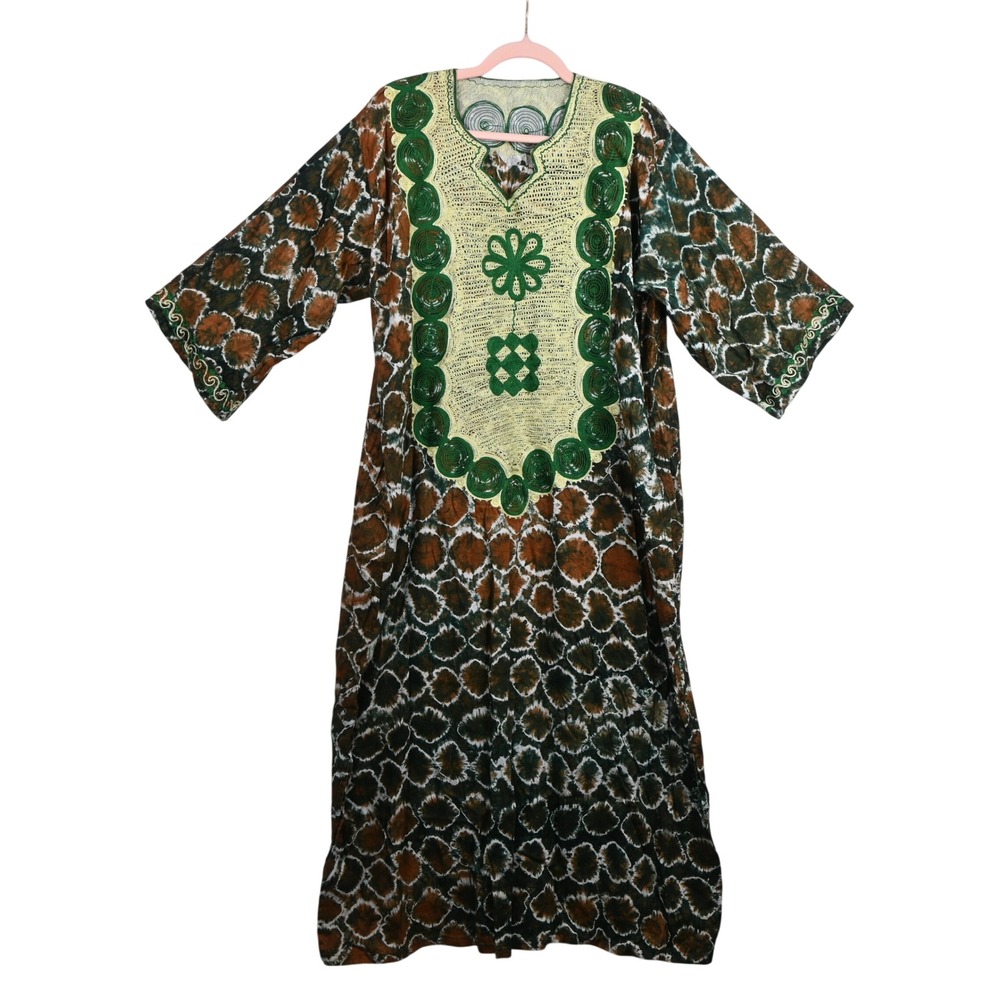 Embroidered Caftan Dress Womens XL Green Brown  V-Neck Maxi Kaftan